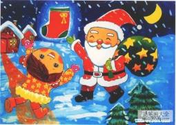 好看的小学三年级圣诞节儿童画画作品：小女孩与圣诞老人