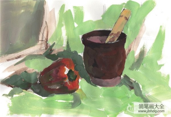 水粉蒜臼和青椒的绘画教程