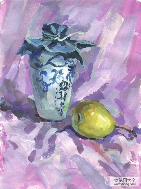 水粉酒瓶和梨的绘画教程