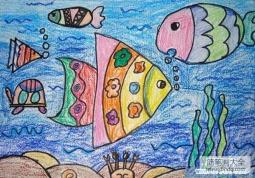 海底世界儿童画蜡笔画：快乐的小鱼