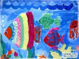 幼儿海底水粉画作品欣赏：漂亮的鱼群