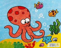 儿童海底世界油画棒图片大全：可爱章鱼