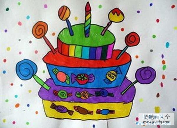 立体生日蛋糕儿童画图片：插着棒棒糖的蛋糕
