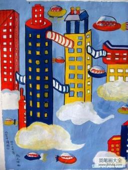 未来城市儿童画作品欣赏：空中楼阁