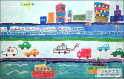 优秀海滨城市风光儿童画水粉画作品
