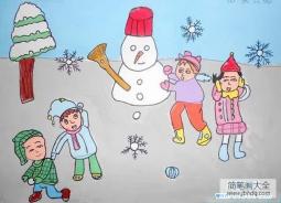 小朋友冬季堆雪人儿童画图片