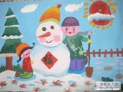 春节堆雪人儿童绘画作品