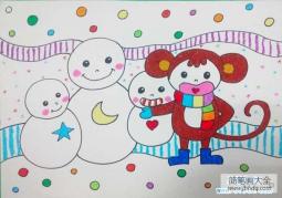 三年级小学生雪人儿童画画图片：猴子与雪人