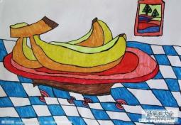 水果静物儿童画作品：盘子里的香蕉