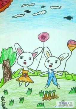小学生小兔子儿童画图片：两只兔子