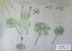 儿童彩色铅笔画：湖里的青蛙