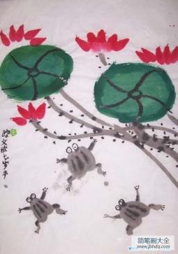 七岁儿童水墨画图片：青蛙荷花