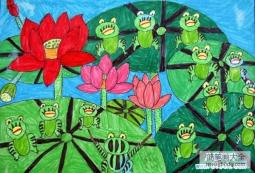 一群青蛙荷花儿童图画作品欣赏