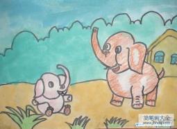 大象妈妈与小象儿童画作品