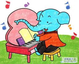 幼儿大象儿童画油画棒画作品：弹琴的大象