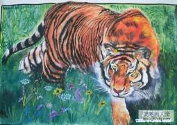 优秀老虎儿童画教师范画美术绘画作品：草地里的老虎