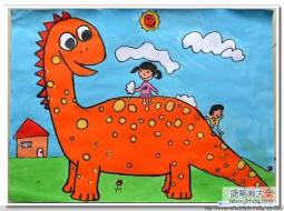 我与恐龙儿童画水彩画作品