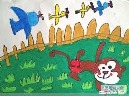 幼儿园猴子儿童画画图片：猴子和小鸟