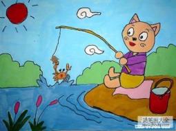 儿童水粉画作品欣赏：小猫钓鱼