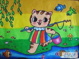关于猫的生活主题儿童画作品大全：去钓鱼