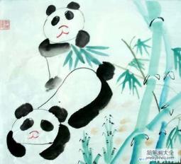 儿童毛笔水墨画作品：两只熊猫