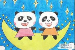 幼儿熊猫儿童画水彩画图片：坐在月亮上的两只小熊猫