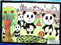 小学生卡通熊猫儿童画图片：踢足球的熊猫