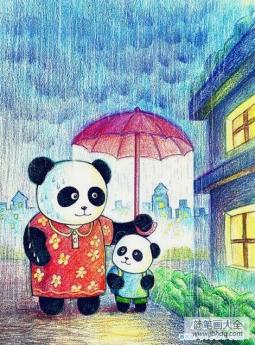 优秀熊猫儿童画教师范画：温馨熊猫母子