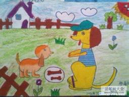 小学生关于狗的儿童画图片：带帽子的大黄狗与小狗