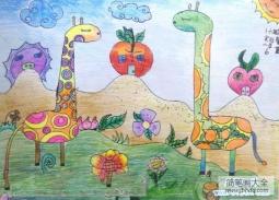 一年级儿童动物彩铅画作品：长颈鹿