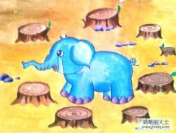 保护森林资源禁止滥砍滥伐儿童画图片：哭泣的小象