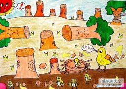 保护树木主题环保儿童画蜡笔画作品：小鸟的家