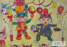 欢度春节儿童画图片：提灯笼放烟花