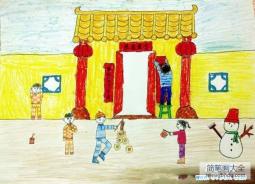 春节儿童画画作品：贴春联