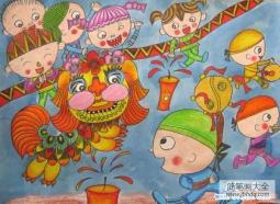 一等奖春节习俗儿童画:舞狮