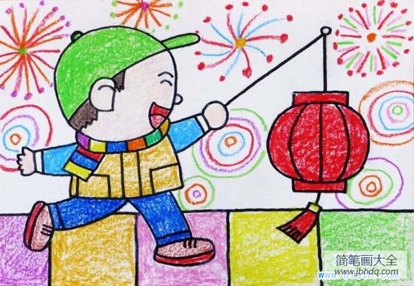 元宵节儿童画油画棒画作品大全：提灯笼的小男孩