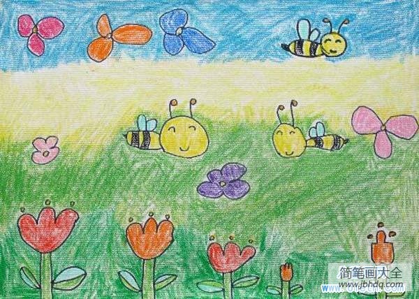 幼儿园春天蜡笔画：小蜜蜂