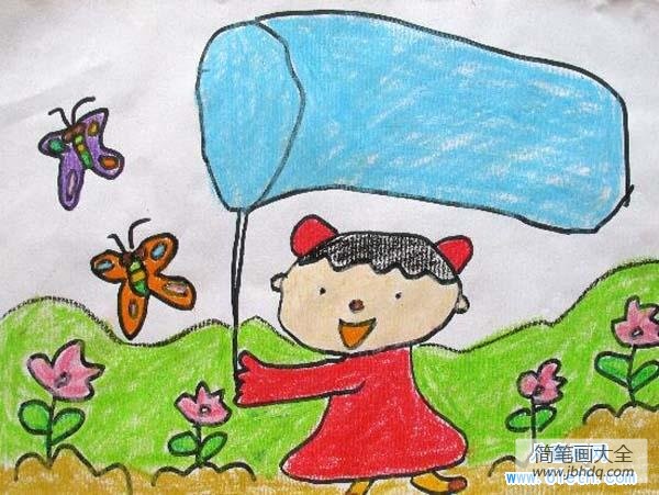 一年级春天儿童图画图片：郊外捕蝴蝶
