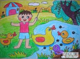 优秀的幼儿春天儿童画作品：春天的池塘