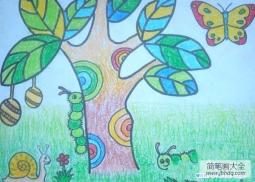 儿童春天蜡笔画：小虫与蜗牛