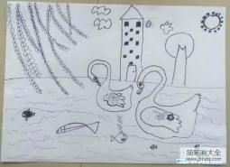 儿童春天风景铅笔画：湖里的天鹅