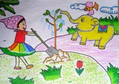 关于植树节的儿童画-我来种树大象浇水
