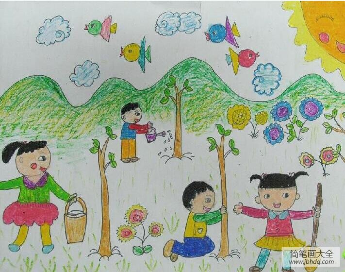 种树欢乐多三年级植树节主题画分享