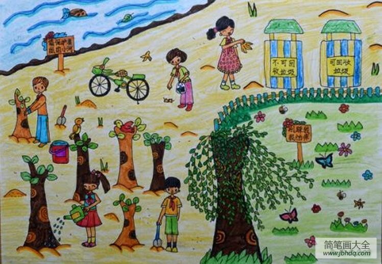 小河边种树记植树节儿童画获奖作品欣赏