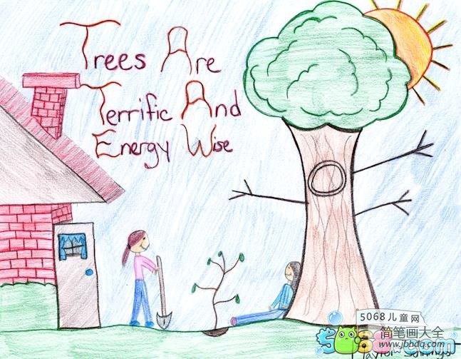 简单的植树节绘画作品之种树的小姐妹