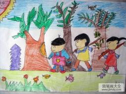 儿童彩色铅笔画图片-大伙儿来植树