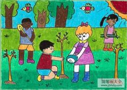 关于植树节的儿童画-齐心协力来植树