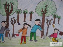 儿童画植树节图片-团结种树