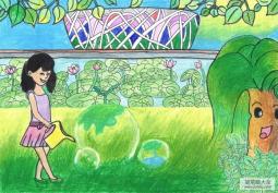 给小草浇水植树节儿童画教师范画