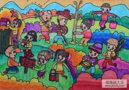 一群种树的小学生植树节主题画教师范画